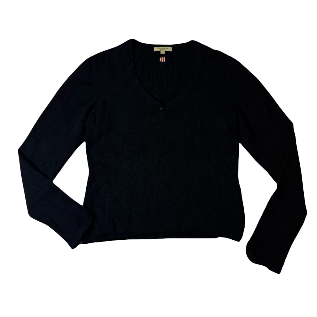 Burberry Mens L Large Black Solid V-Neck Pullover Sweater Made In Italy Euc